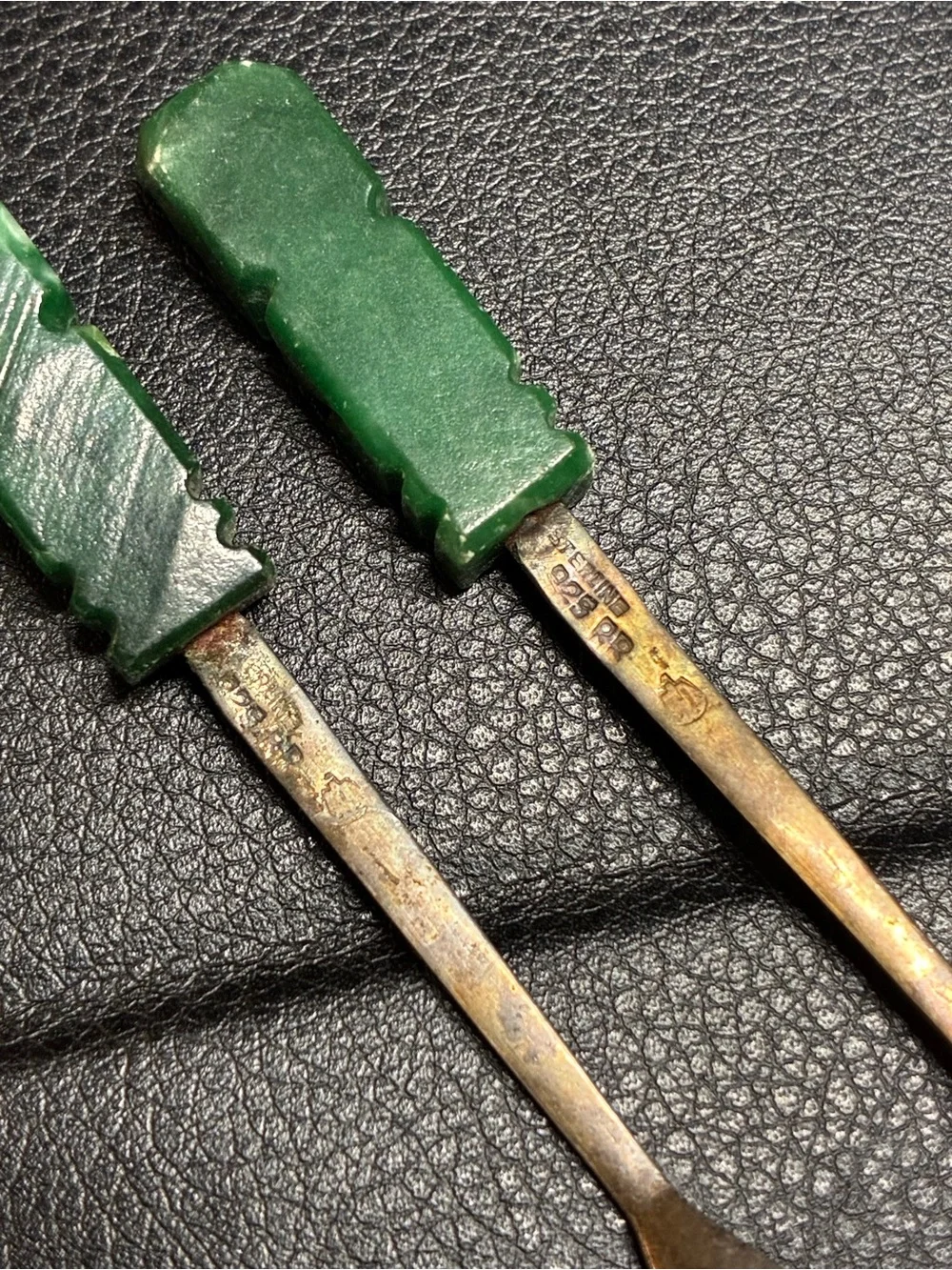 Vintage Mexican Sterling and Jade Cocktail Forks Set of 2